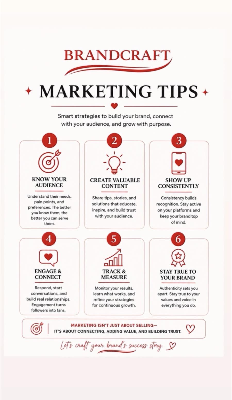 Brandcraft Marketing Tips infographic with six numbered tips