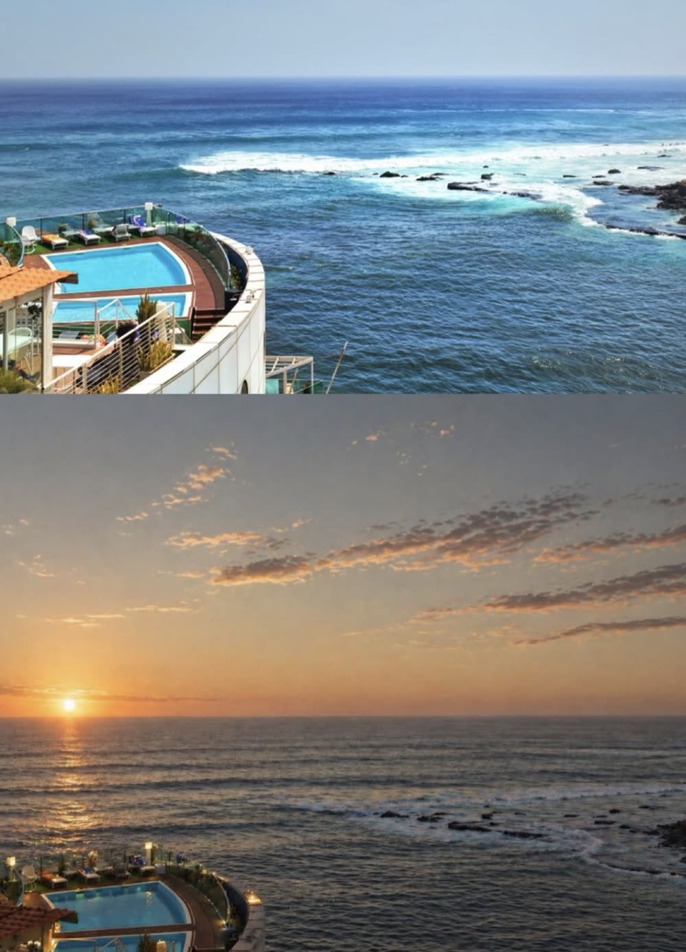 Hotel pool terrace over the ocean by day and at sunset